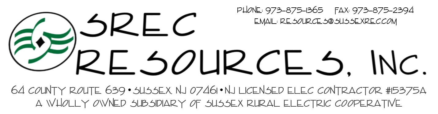 SREC Resources. 64 County Route 639, Sussex, NJ 07461. NJ Licensed Elec. Contractor #15375A. A Wholly Owned Subsidiary of Sussex Rural Electric Cooperative. Phone: 973-875-1365. Fax: 973-875-2394. Email: Resources@sussexrec.com.
