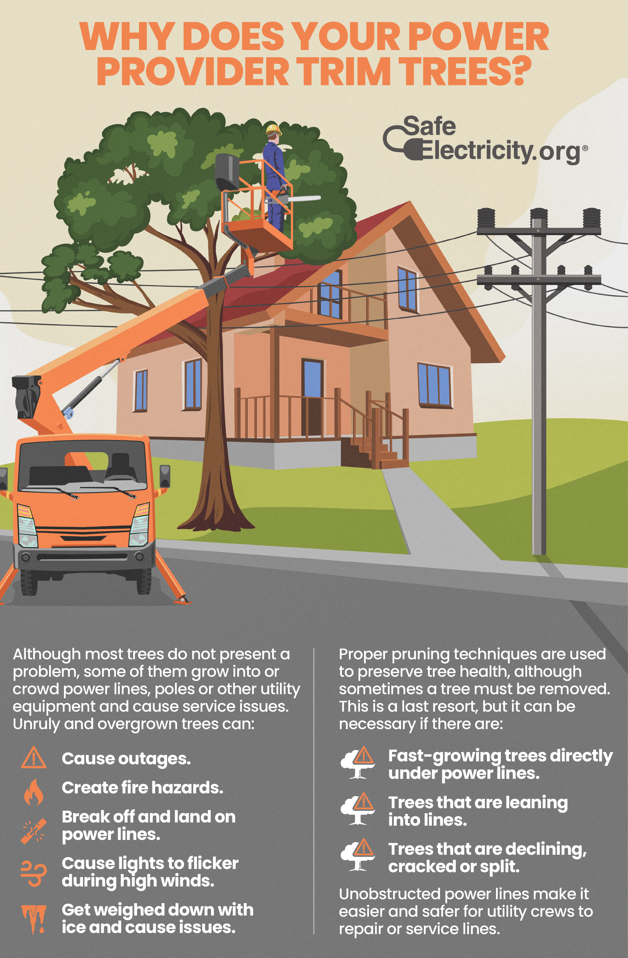 WHY DOES YOUR POWER PROVIDER TRIM TREES? Although most trees do not present a problem, some of them grow into or crowd power lines, poles or other utility equipment and cause service issues. Unruly and overgrown trees can: -Cause outages. -Create fire hazards. -Break off and land on power lines. -Cause lights to flicker during high winds. -Get weighed down with ice and cause issues. Proper pruning techniques are used to preserve tree health, although sometimes a tree must be removed. This is a last resort, but it can be necessary if there are: -Fast-growing trees directly under power lines. -Trees that are leaning into lines. -Trees that are declining, cracked, or split. Unobstructed power lines make it easier and safer for utility crews to repair or service lines.