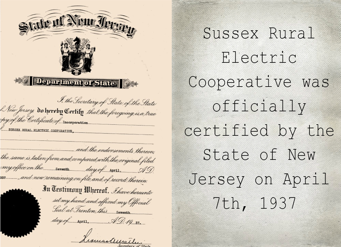 Sussex Rural Electric Cooperative Certification was officially certified by the State of New Hersey on April 7th, 1937