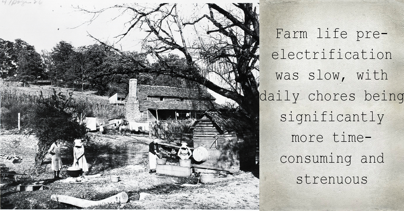 Farm life pre-electrification was slow, with daily chores being significantly more time-consuming and strenuous