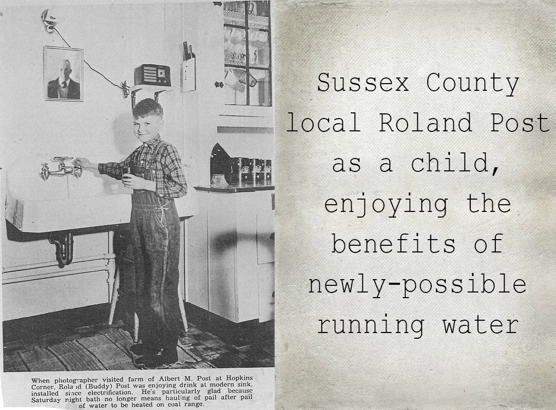 Image from newspaper showing Sussex County local Roland Post as a child, enjoying the benefits of newly-possible running water