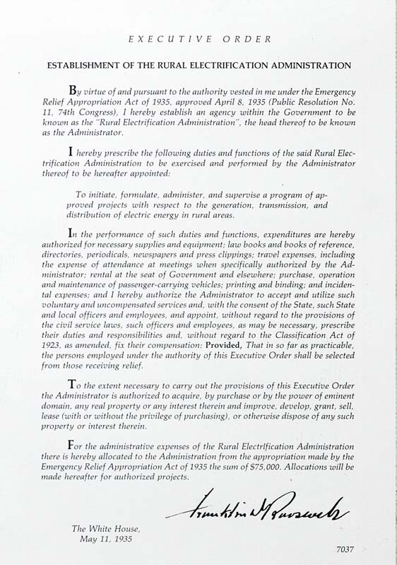 FDR's 1935 Executive Order which established the Rural Electrification Administration