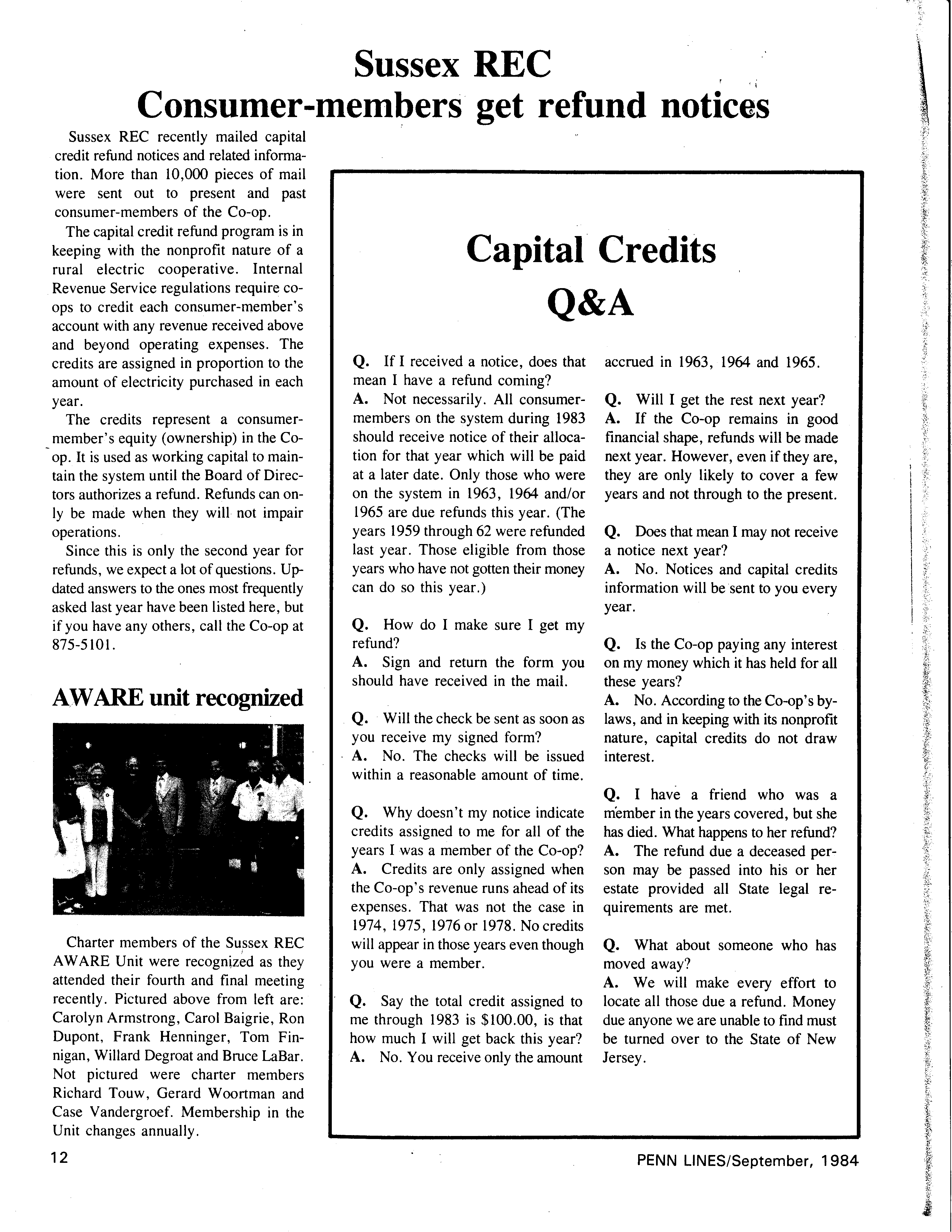 Pictured: Screenshot of a Penn Lines article from 1984 where Sussex Rural Electric Cooperative answered common questions on their capital credit retirements, which had begun the previous year.  Source: Penn Lines, Sussex Rural Electric Edition, September 1984