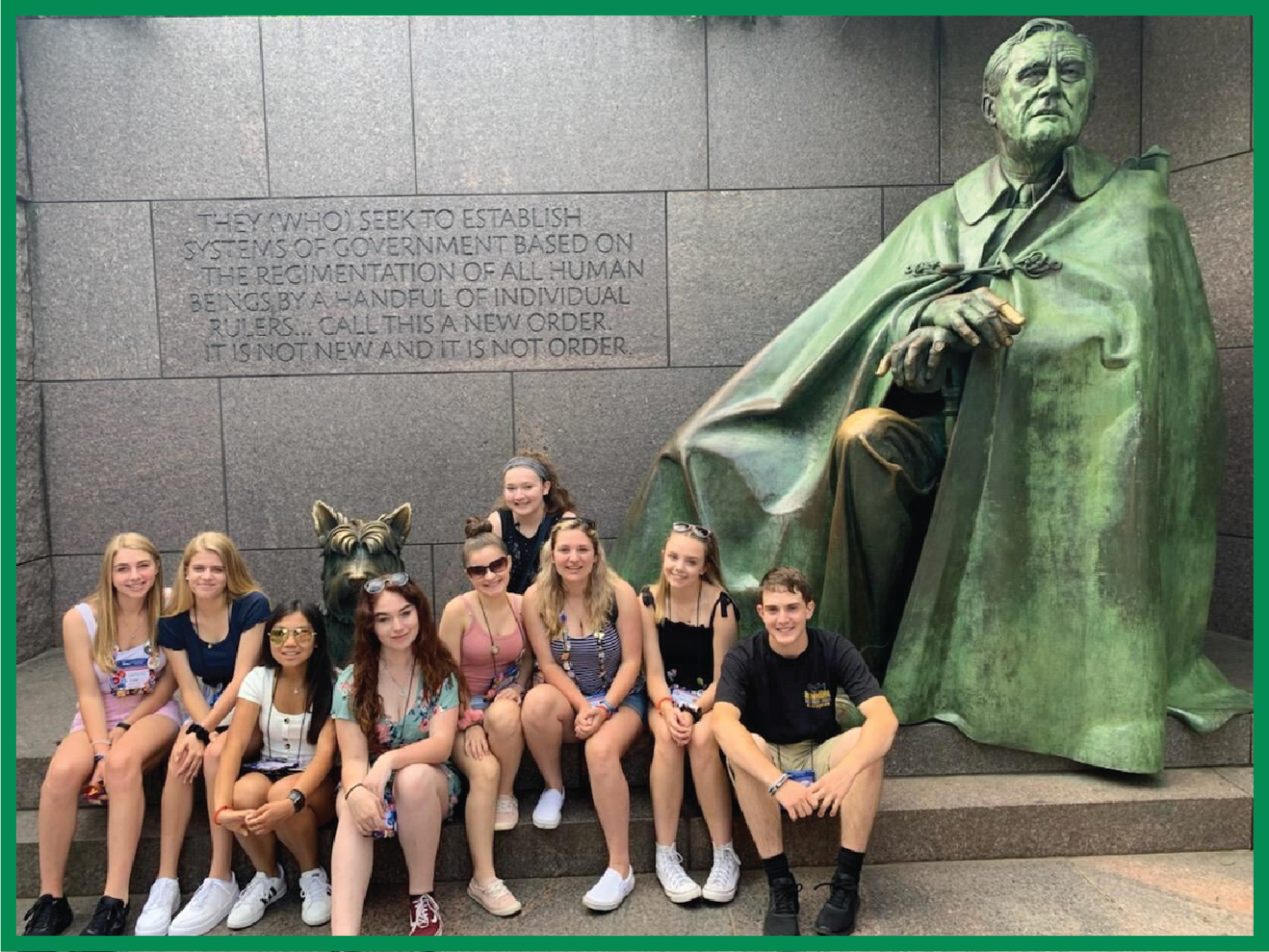 2019 NJ Youth Tour students pose together around the statue of President Franklin D. Roosevelt at the Franklin Delano Roosevelt Memorial in Washington, D.C.