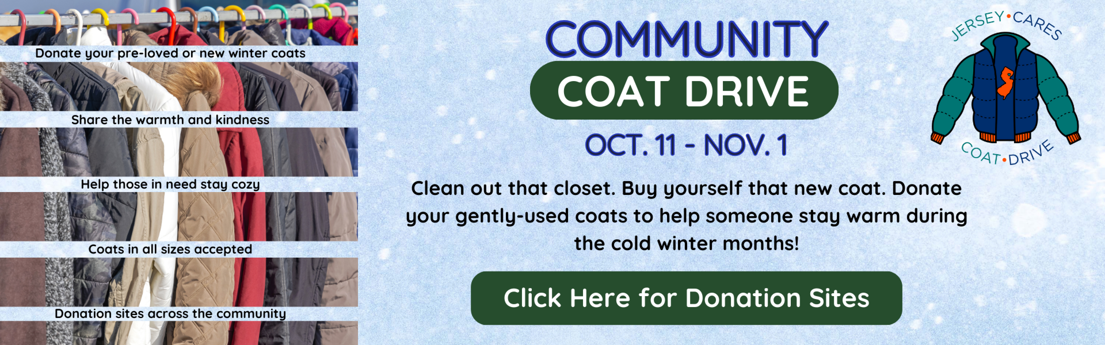 Sussex Rural Electric Cooperative COMMUNITY COAT DRIVE. OCT. 11 - NOV. 1. Clean out that closet. Buy yourself that new coat. Donate your gently-used coats to help someone stay warm during the cold winter months! Click Here for Donation Sites.