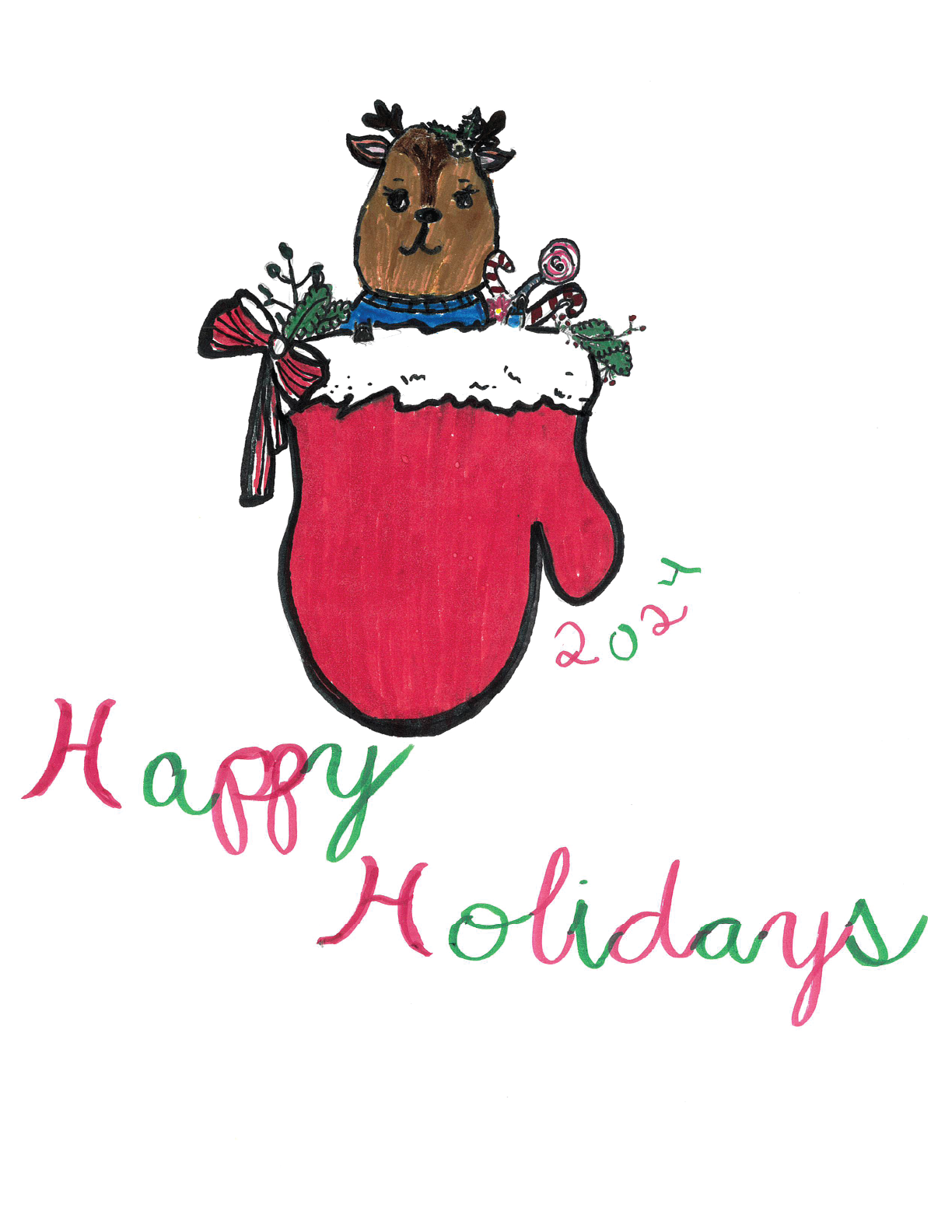 Our grand prize winner! Artwork by 5th grader Rose C. Prizes: Rose's artwork will be featured on our 2024 holiday card. Her family will receive 30 copies of the card with envelopes they can use to send them to family and friends this holiday season. Rose will also receive a $25 Amazon gift card!