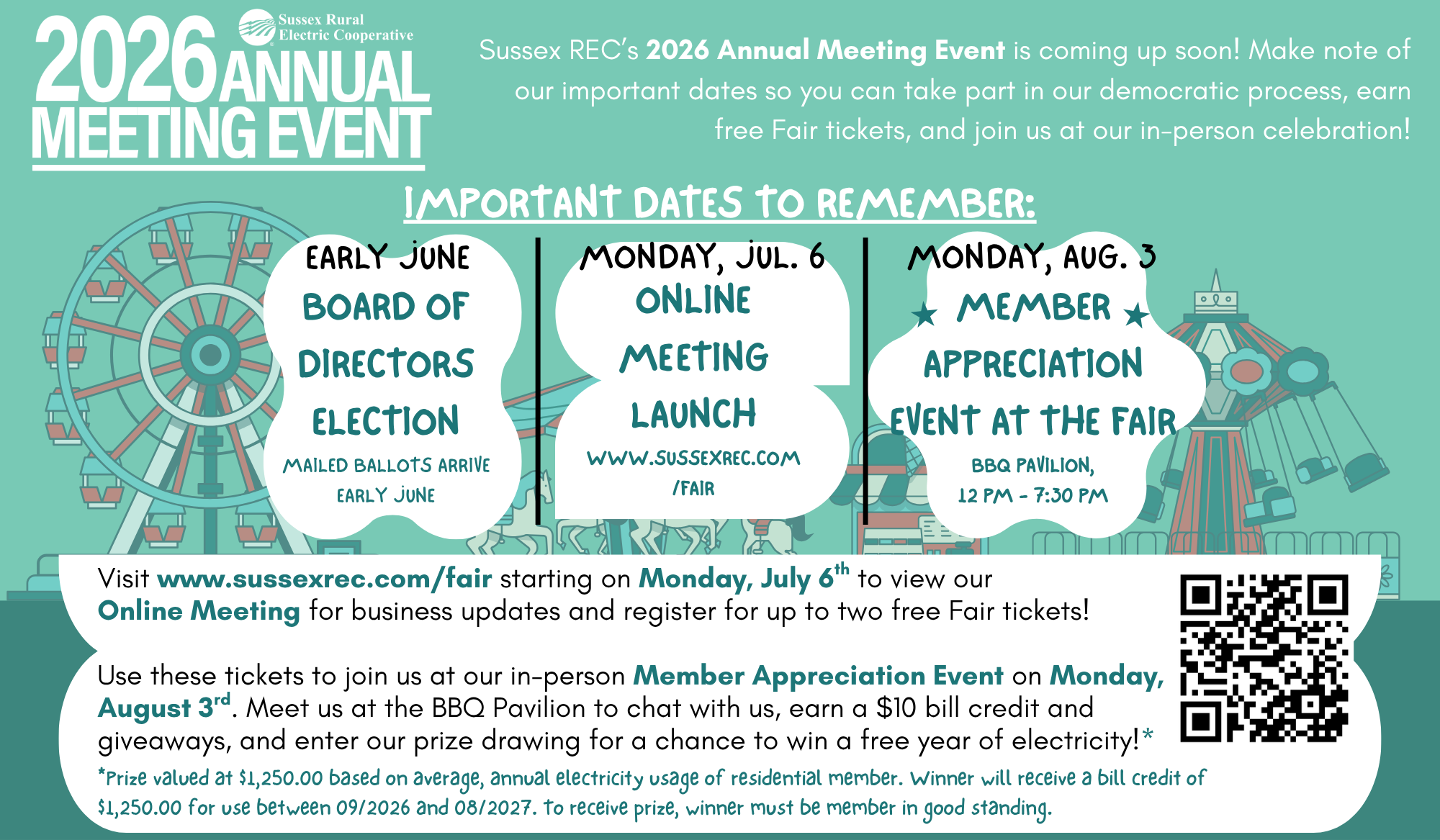 Sussex Rural Electric Cooperative 2026 Annual Meeting Event. Sussex REC's 2026 Annual Meeting Event is coming up soon! Make note of our important dates so you can take part in our democratic process, earn free Fair tickets, and join us at our in-person celebration! IMPORTANT DATES TO REMEMBER: Early June - Board of Directors Election, Mailed ballots arrive early June. Monday, July 6 - Online Meeting Launch, www.sussexrec.com/fair. Monday, August 3rd - Member Appreciation Event at the Fair, BBQ Pavilion, 12 pm - 7:30 pm. Visit www.sussexrec.com/fair starting on Monday, July 6th to view our Online Meeting for business updates and register for up to two free Fair tickets! Use these tickets to join us at our in-person Member Appreciation Event on Monday, August 3rd. Meet us at the BBQ Pavilion to chat with us, earn a $10 bill credit and giveaways, and enter our prize drawing for a chance to win a free year of electricity!* *Prize valued at $1,250.00 based on average, annual electricity usage of residential member. Winner will receive a bill credit of $1,250.00 for use between 09/2026 and 08/2027. To receive prize, winner must be member in good standing.