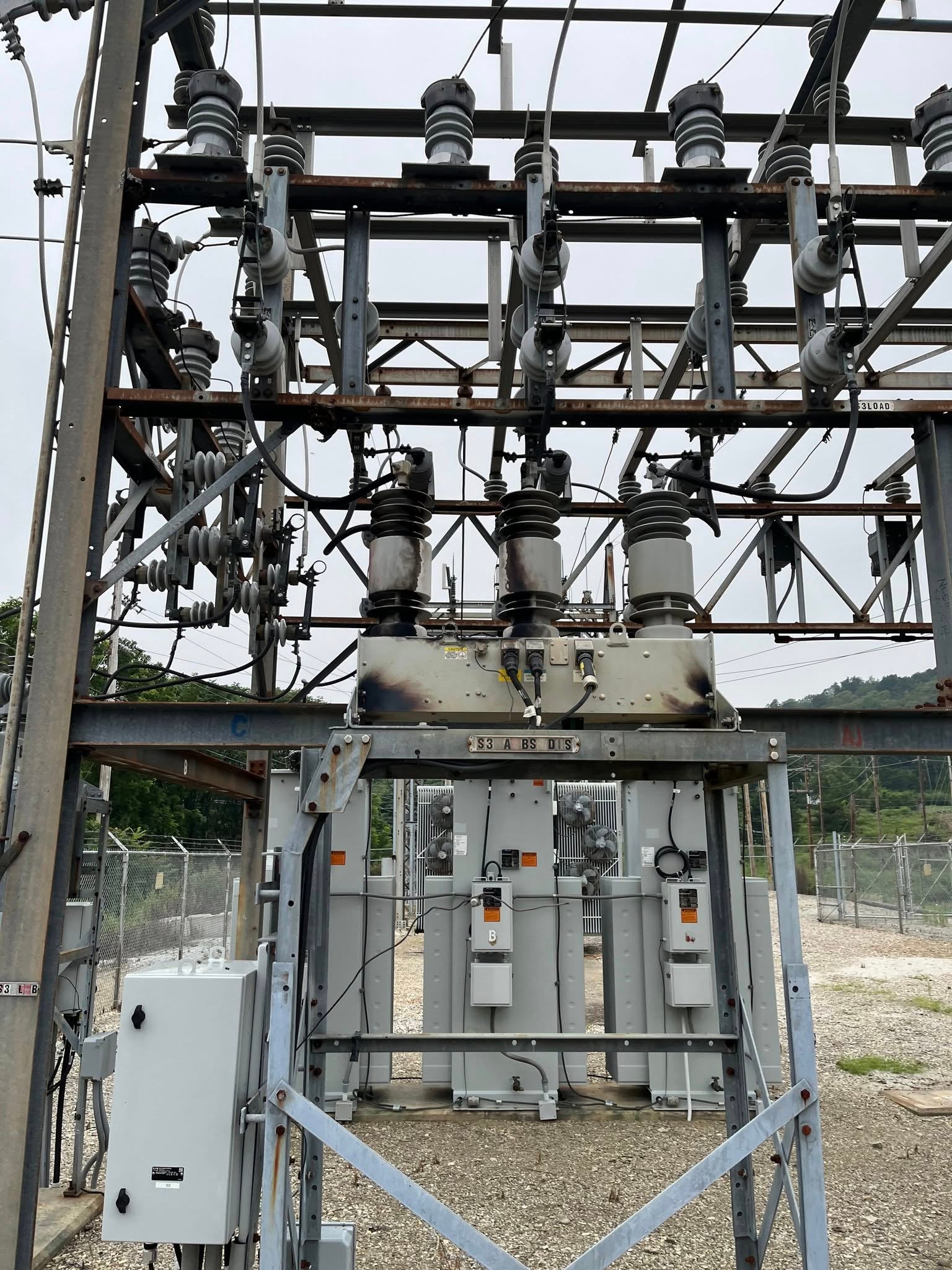 Burned substation equipment due to explosion caused by raccoon