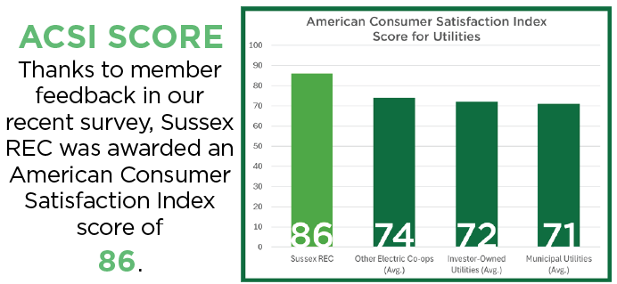 ACSI Score: Thanks to member feedback in our recent survey, Sussex REC was awarded an American Consumer Satisfaction Index score of 86. (vs. Other Electric Cooperative Avg. of 74, Investor-Owned Utilities Avg. of 72, and Municipal Utilities Avg. of 71)