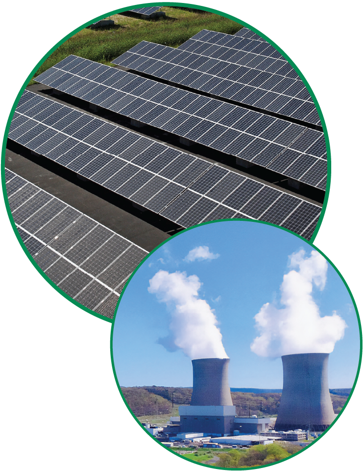 Pictured: A large circle showing rows of solar panels and a smaller circle in front of it showing cooling towers at a nuclear power plant