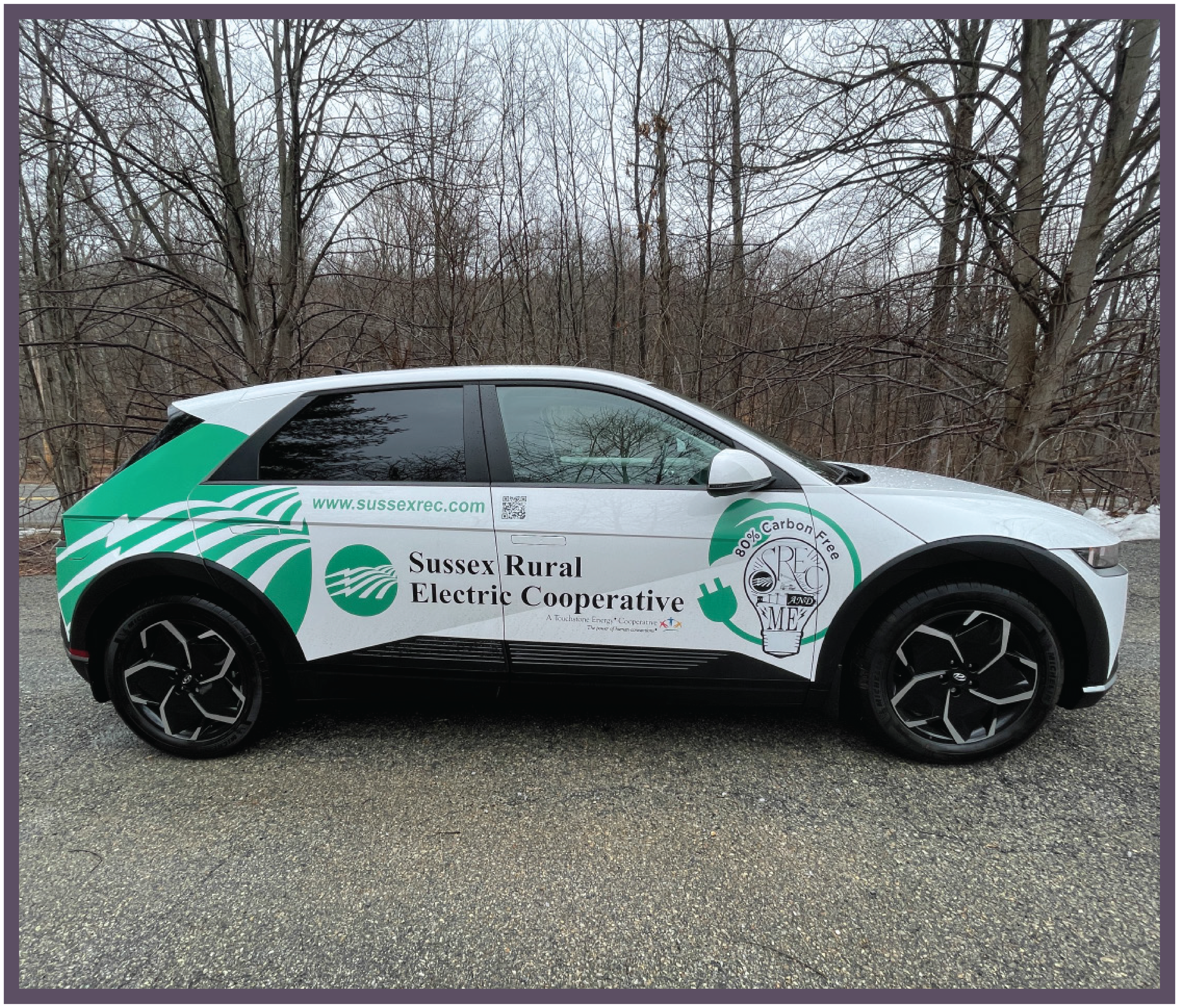 Pictured: A side view of Sussex Rural Electric Cooperative's 2024 Hyundia Ioniq, showing the design of its custom vehicle wrap.