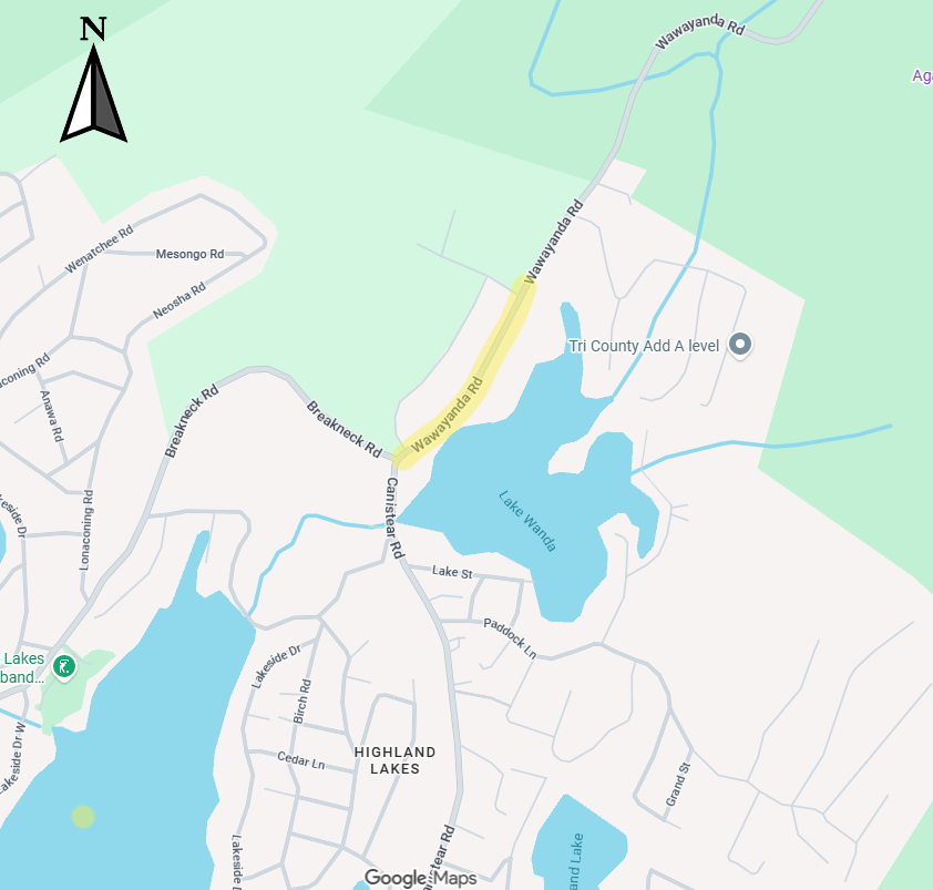 Highlighted map depicting the portion of Wawayanda Road which will be closed due to scheduled utility work