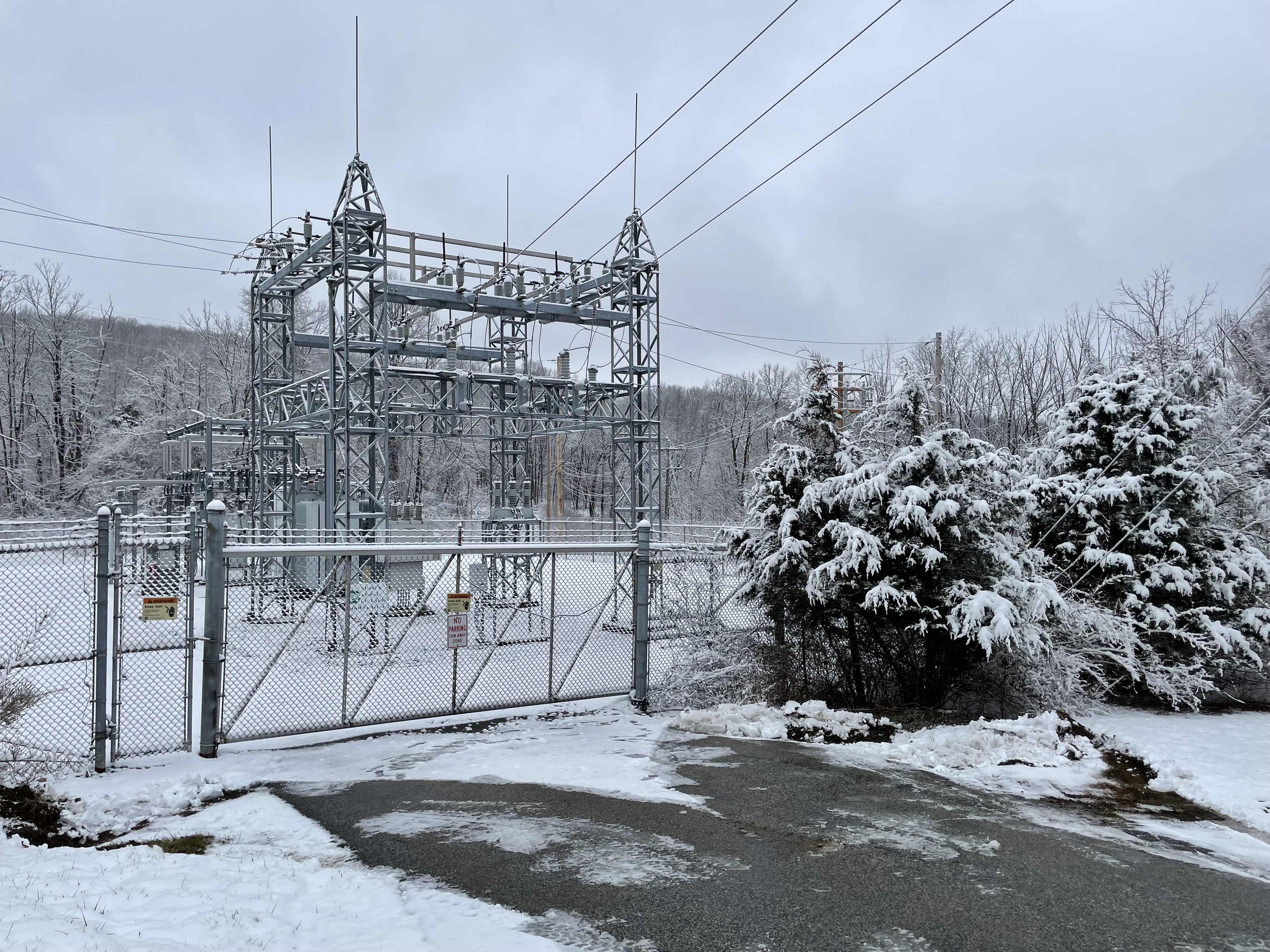 Photo of a Sussex Rural Electric Cooperative substation following a winter snowfall