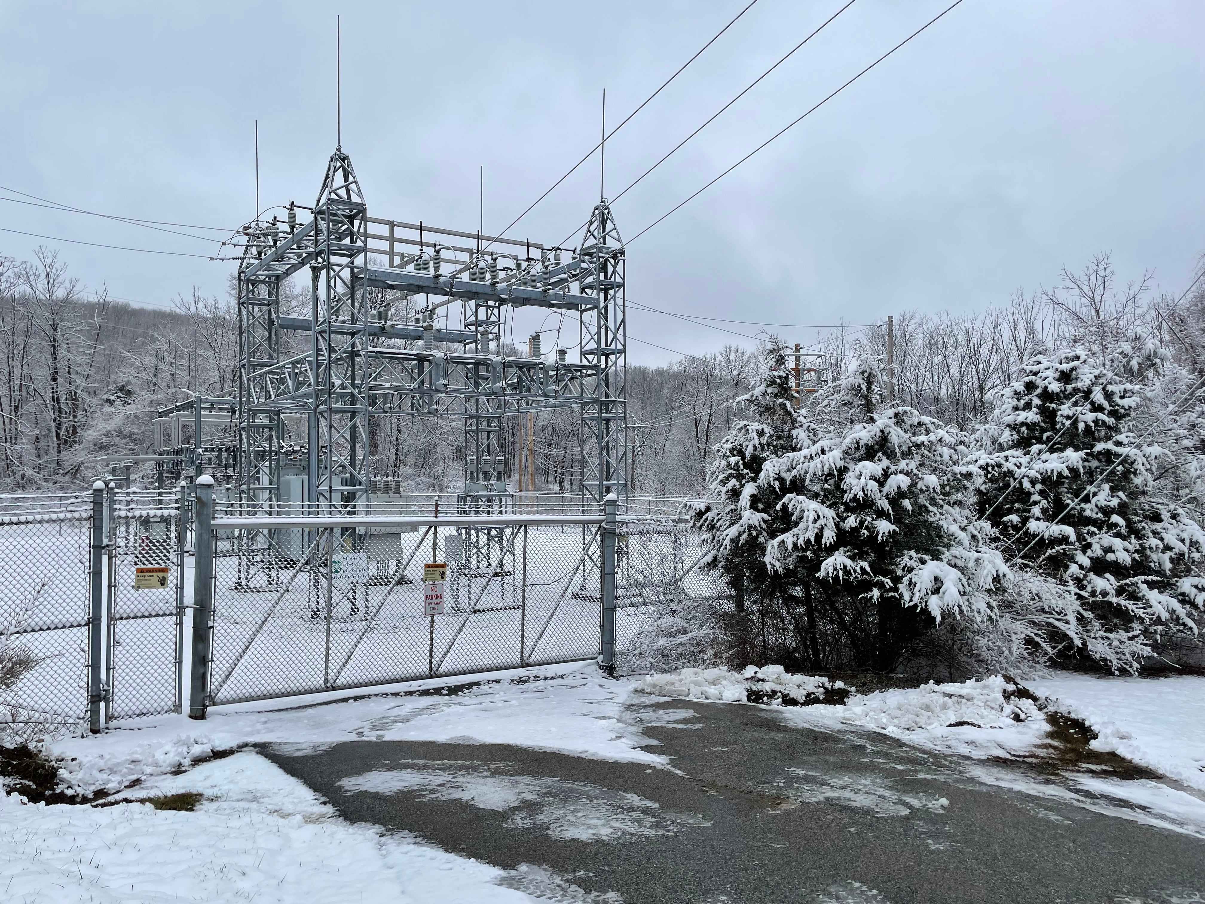 Photo of a Sussex Rural Electric Cooperative substation following a winter snowfall