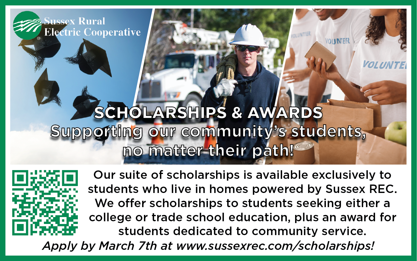 Sussex Rural Electric Cooperative, Inc. SCHOLARSHIPS & AWARDS. Supporting our community's students, no matter their path! Our suite of scholarships is available exclusively to students who live in homes powered by Sussex REC. We offer scholarships to students seeking either a college or trade school education, plus an award for students dedicated to community service. Apply by March 7th at www.sussexrec.com/scholarships!