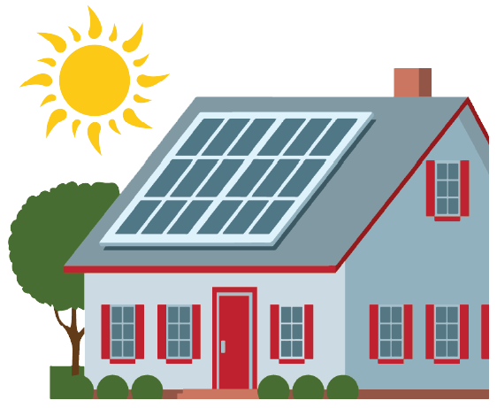 Vector image of a house with rooftop solar and the sun shining above it