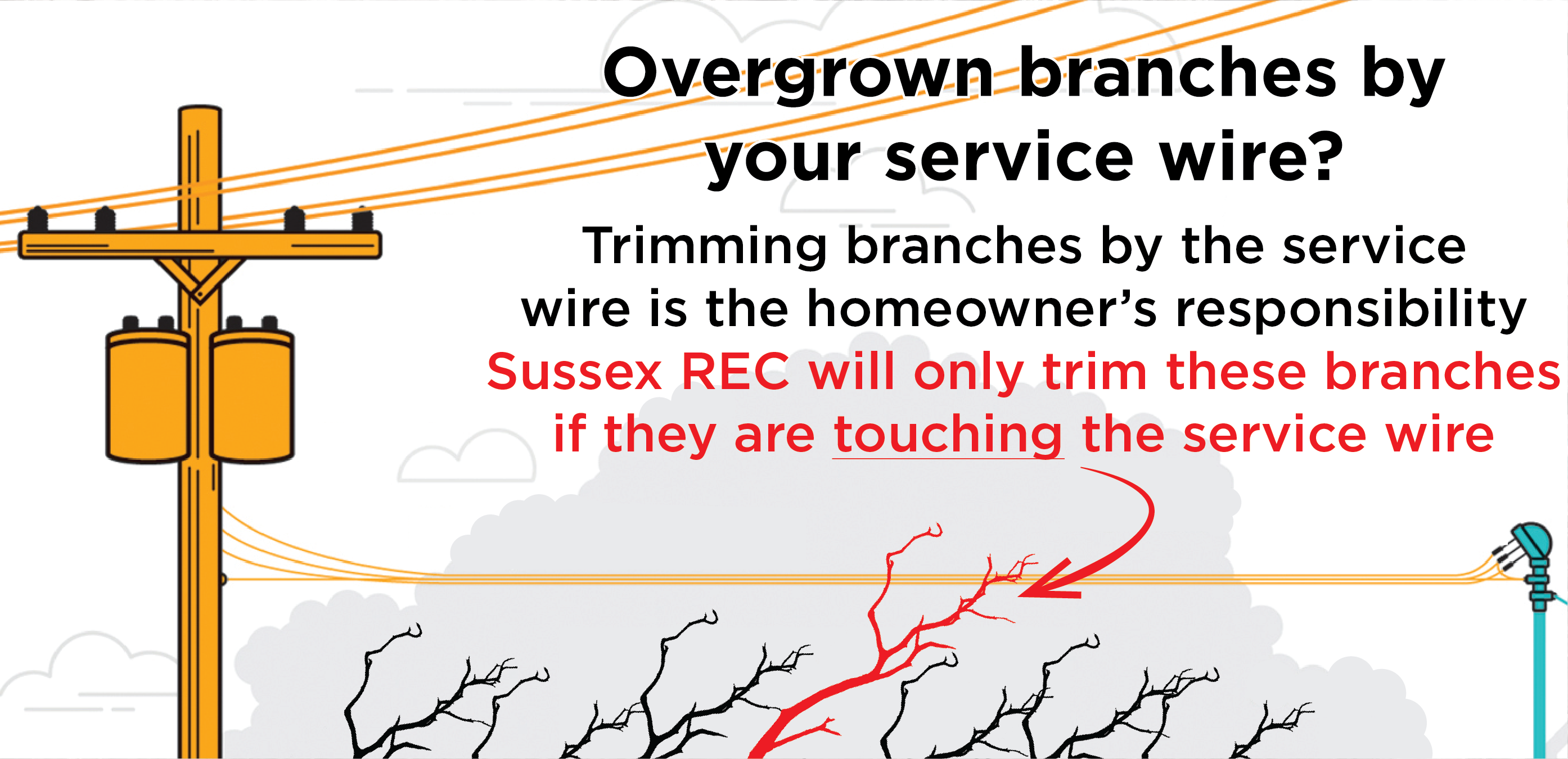 Overgrown branches by your service wire? Trimming branches by the service wire is the homeowner's responsibility. Sussex REC will only trim these branches if they are TOUCHING the service wire.