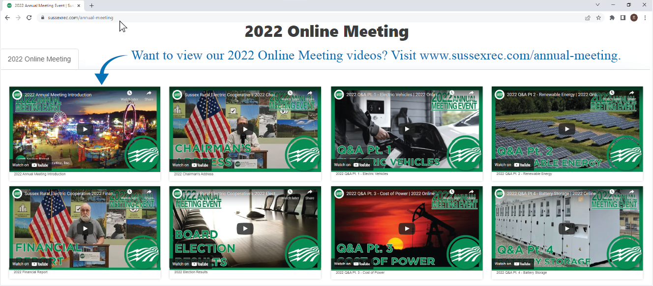 Check out our 2022 Online Meeting's videos by visiting www.sussexrec.com/annual-meeting