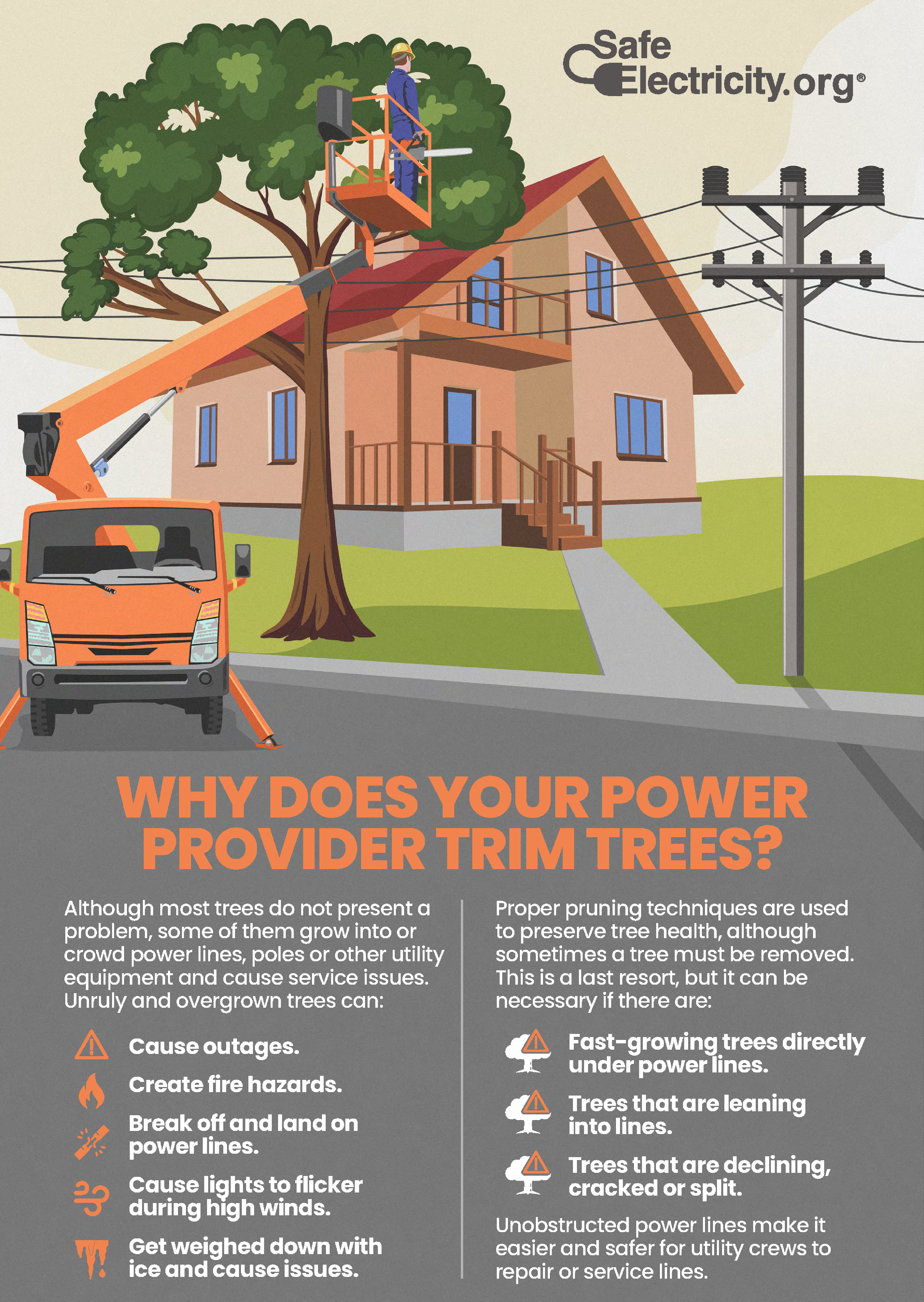 WHY DOES YOUR POWER PROVIDER TRIM TREES? Although most trees do not present a problem, some of them grow into or crowd power lines, poles, or other utility equipment and cause service issues. Unruly and overgrown trees can: Cause outages, Create fire hazards, Break off and land on power lines, Cause lights to flicker during high winds, Get weighed down with ice and cause issues. Proper pruning techniques are used to preserve tree health, although sometimes a tree must be removed. This is a last resort, but it can be necessary if there are: Fast-growing trees directly under power lines, Trees that are leaning into lins, Trees that are declining, cracked, or split. Unobstructed power lines make it easier and safer for utility crews to repair or service lines. Power companies trim trees to better serve you.