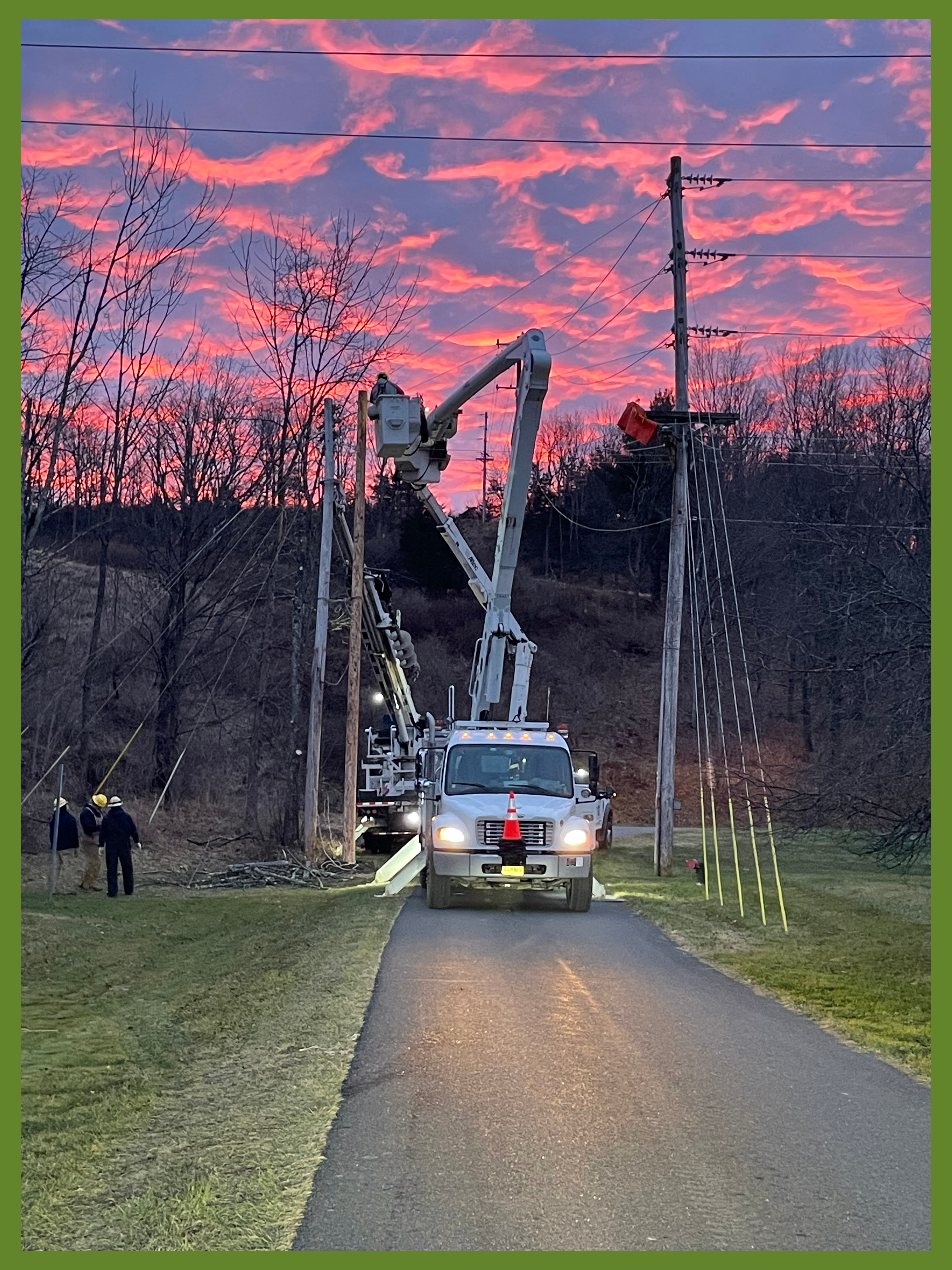 Photo of linework being done to restore an outage following a car-pole accident