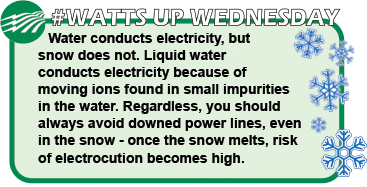 #WattUpWednesday - Water conducts electricity, but snow does not. Liquid water conducts electricity because of moving ions found in small impurities in the water. Regardless, you should always avoid downed power lines, even in the snow - once the snow melts, risk of electrocution becomes high.