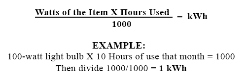 Calculating kWh: (Watts of the Item X Hours Used)/1000 = kWh